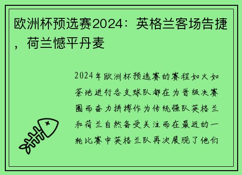欧洲杯预选赛2024：英格兰客场告捷，荷兰憾平丹麦